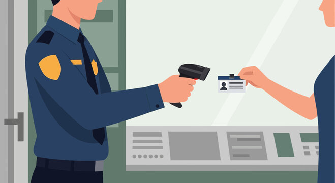 Security guard scanning ID card at checkpoint, access control, safety