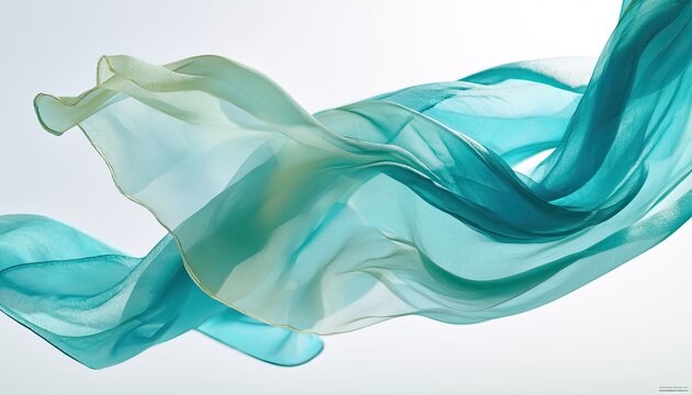Flowing teal and gold sheer fabric cascades against a bright, airy background