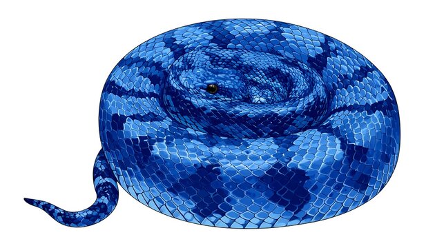 Coiled, blue, scaled snake with dark eyes, set on a white background