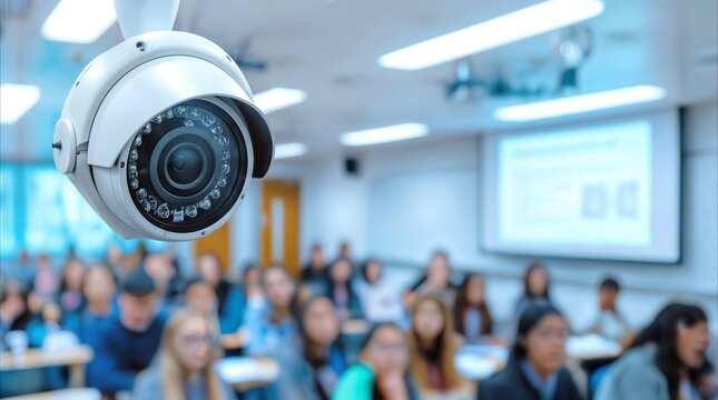 Security camera monitoring students in university lecture hall. Surveillance technology in educational environment for safety and campus security.