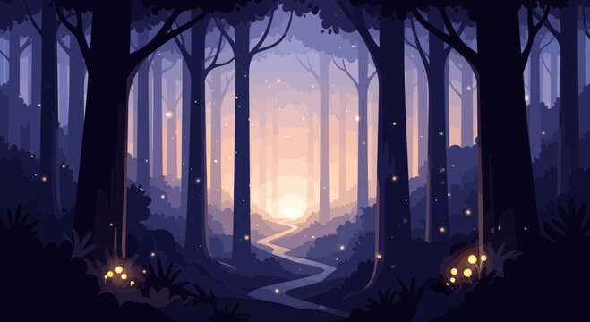 Enchanted forest path winding through mystical trees with glowing fireflies and soft sunrise light