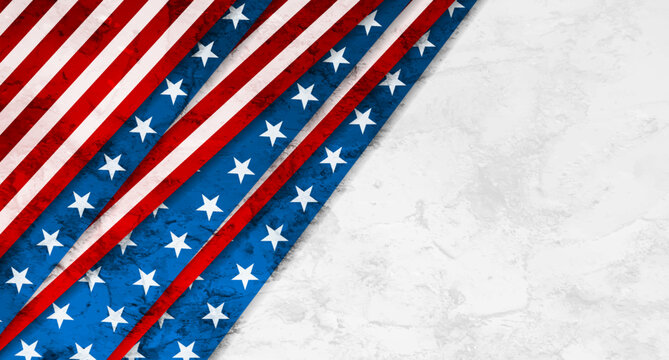 Abstract concept background with layered red white and blue American flag stars and stripes for USA 2026 midterm elections political campaign. USA flag colors grunge concrete vector design