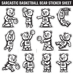 Fototapeta premium Sarcastic basketball bear sticker sheet, collection of 12 funny cartoon bear characters playing basketball, black and white vector mascot set