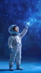 Obraz premium Stargazing preschooler in white spacesuit reaching for bright star in deep blue space. Child dreaming about space exploration and galaxy travel.