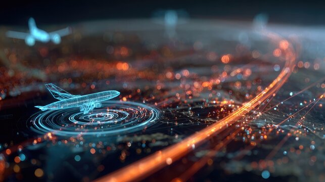 Digital flight paths and glowing city lights from above