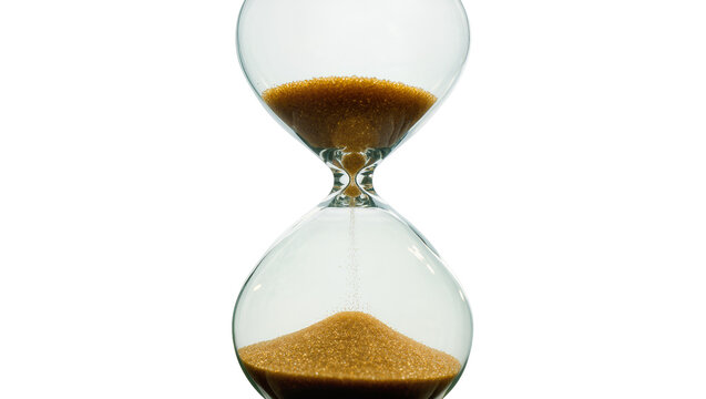 Glass hourglass with brown sand falling