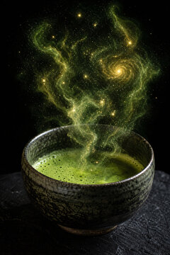 Surreal Japanese matcha tea bowl with galaxy universe inside