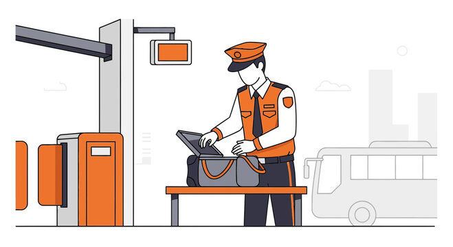 Security guard inspects bag at checkpoint, bus, urban background