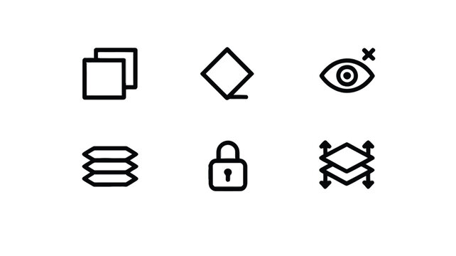 Design Layer and Object Tool Icons Vector Set Outline Style Shape Stack Lock Eye Flatten Design Elements