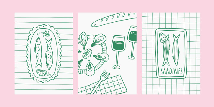 Mediterranean food posters in sketch style. Trendy design for cards, wall art, print, ads