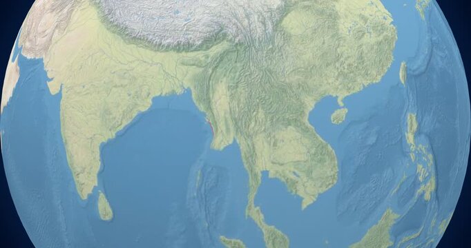 Myanmar on Globe. Zoom into the country with Earth spinning on dark background. Physical world map with Myanmar and label on it. Country view animation.