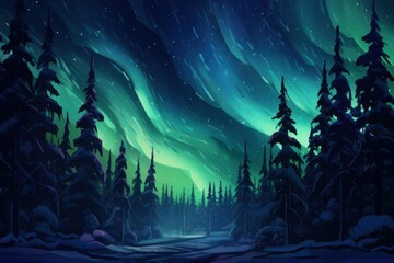 Obraz premium Aurora borealis illuminates a snowy forest emphasizing natural beauty and cold weather