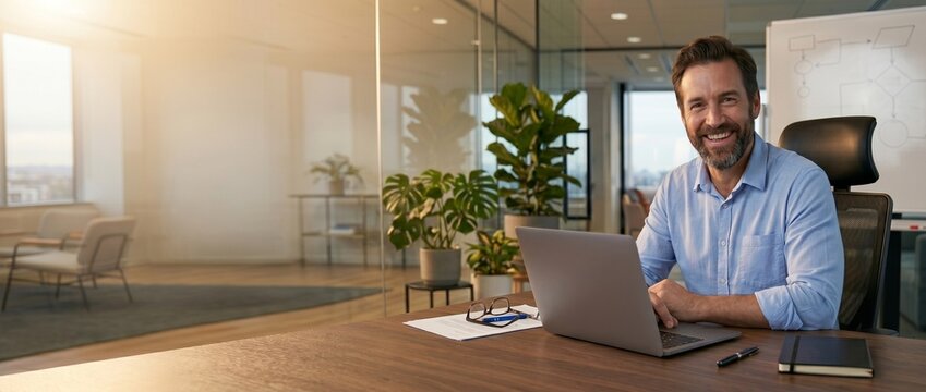 Portrait of a confident male entrepreneur smiling at his desk with a laptop in a bright modern corporate office