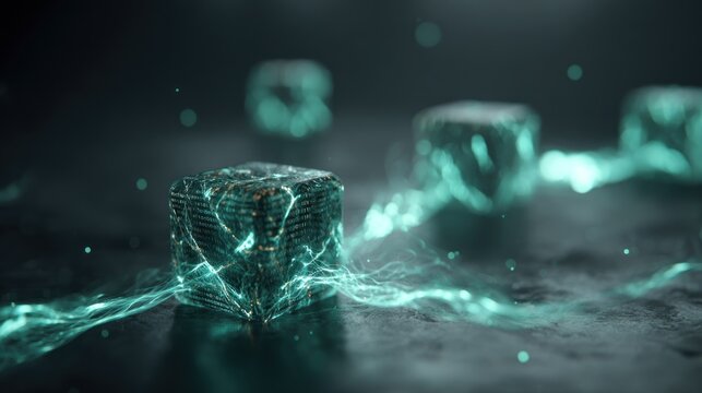 Illuminated digital blocks transmit glowing energy across a dark, textured surface.