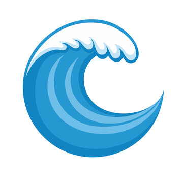 Stylized blue wave icon with white foam on white background
