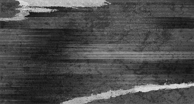 Dark abstract grunge texture background with digital glitch horizontal lines, scratched concrete wall effect and artistic grey paint brush stroke borders. Vector dynamic graphic design