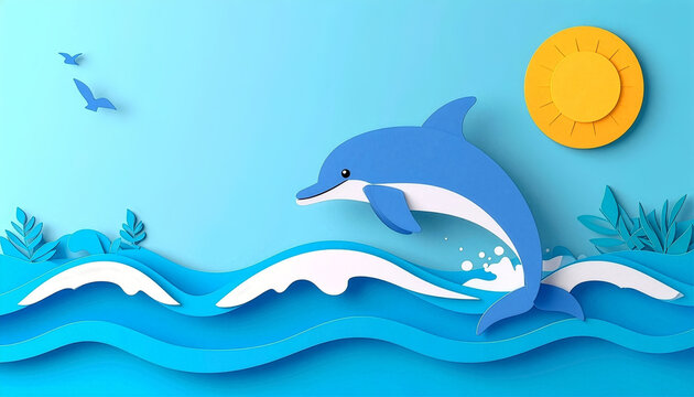 Paper cut summer background with dolphin jumping out of sea waves under yellow sun with copy space