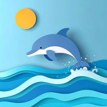 Paper cut summer square background with dolphin jumping out of sea waves under yellow sun with copy space