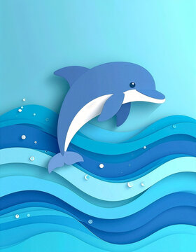 Paper cut summer vertical background with dolphin jumping out of sea waves with copy space