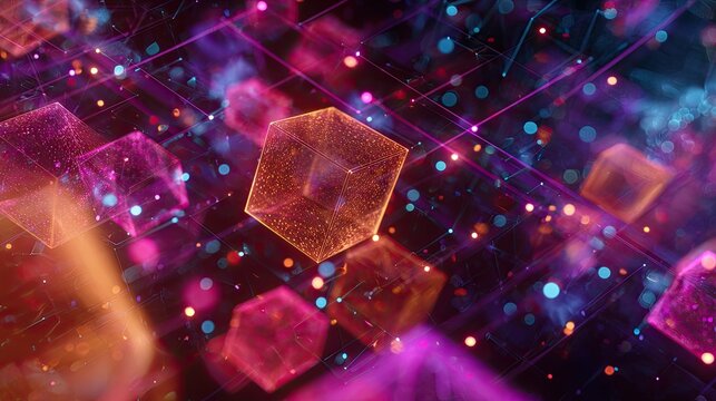 Abstract glowing cubes and network connections in vibrant neon colors