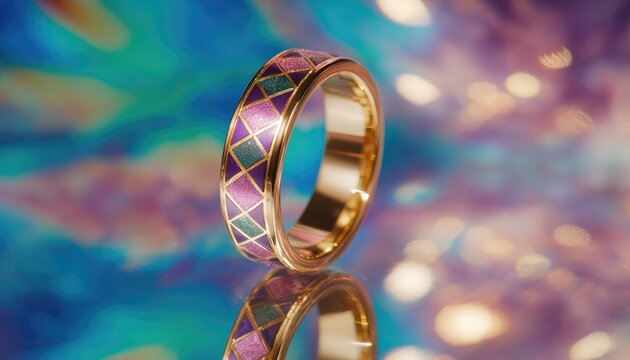 Gold ring with vibrant geometric inlay