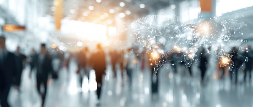 Blurred crowd with glowing global network overlay
