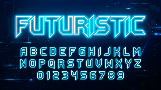 Futuristic neon blue font set, glowing sci-fi alphabet and numbers, digital tech typeface for gaming and cinematic titles, electric light typography