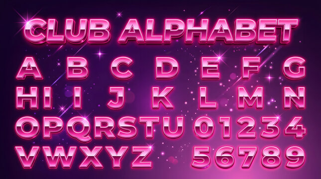 Pink neon club alphabet with glowing letters and numbers, retro futuristic 80s synthwave font set, vibrant magenta chrome typography for party posters