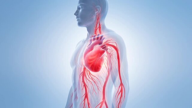 3D animated medical visualization of the human circulatory system with rhythmic heart pumping and arterial blood flow in upper body