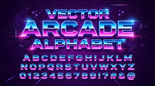 Retro 80s arcade alphabet vector, neon futuristic gaming font with chrome effect, purple and blue synthwave typography for posters and titles