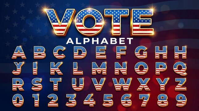 Patriotic American flag alphabet with glossy gold trim, 3D US election vote font set, red white and blue metallic typography for political campaigns