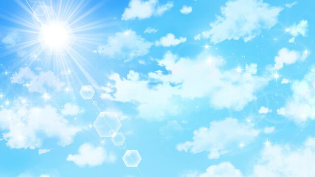 青空　太陽　晴れ　CG    動画　アニメ　直射日光　日差し　晴天　キラキラ　光る　パーティクル　シンプル　水彩　Bright sun and blue sky.Cartoon or anime watercolor painting illustration style.
