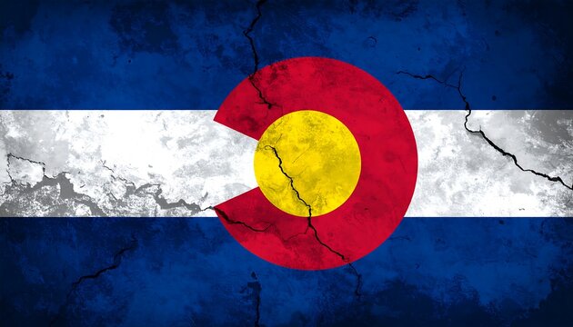 Colorado flag with grunge texture two blue stripes, white center, and a yellow circle with a red 'C'
