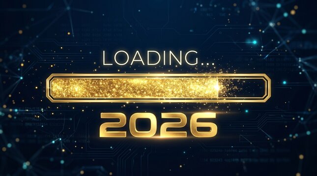Futuristic 2026 loading bar with golden glitter, digital countdown to New Year 2026, glowing progress bar on dark blue tech background