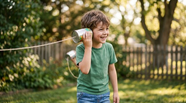 Childhood Connection: A young boy with a bright smile holds a tin can telephone to his ear, enjoying a simple moment of connection and fun in a sun-dappled backyard.