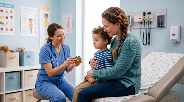 Pediatric Checkup with a Smile: A friendly nurse reassures a young child during a medical checkup, with his mother looking on attentively. The doctor's office is bright and cheerful.