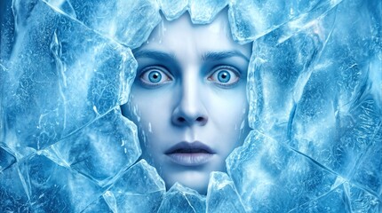 Fototapeta premium Frozen face of a woman trapped behind cracked ice blocks. Close-up of wide-eyed expression in cold blue environment.