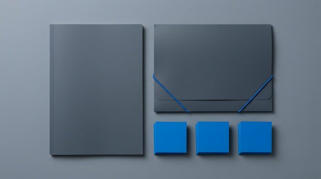 Top-down view of two dark grey folders and three blue square blocks on a matching grey background, showcasing minimalist office supplies.