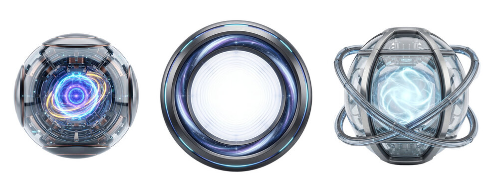 Three futuristic glass orbs with glowing blue and purple lights on transparent background