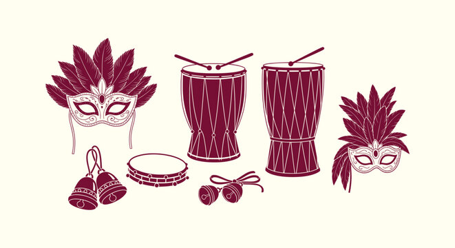 Carnival Mask and Percussion Instruments Icons Set for Brazilian Samba Party Celebration Design