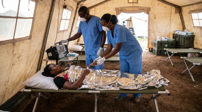 Medical professionals attend to a patient in a tent clinic during a health crisis