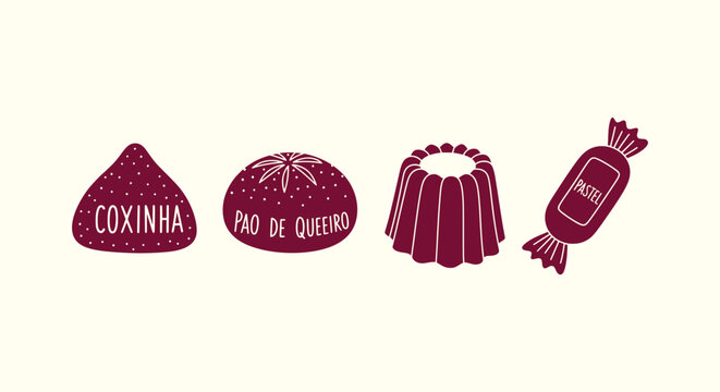 Brazilian Snack Vector Icons Set with Coxinha Pao de Queijo Pudim and Pastel for Gastronomy Design