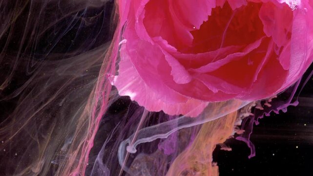 Pink petal edge with color trails, macro closeup of petal rim releasing pastel ink plumes into dark water, graceful fluid motion, detailed texture,
