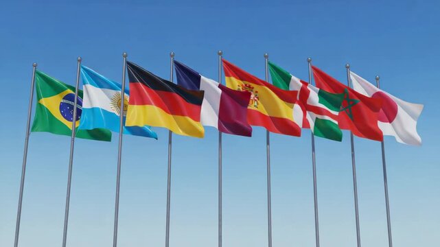 International flags waving on flagpoles against blue sky, row of diverse national world flags, global cooperation and summit concept