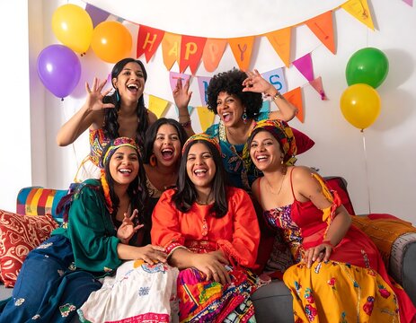 Cheerful Young Women Laughing Together in Colorful Party Room with Balloons