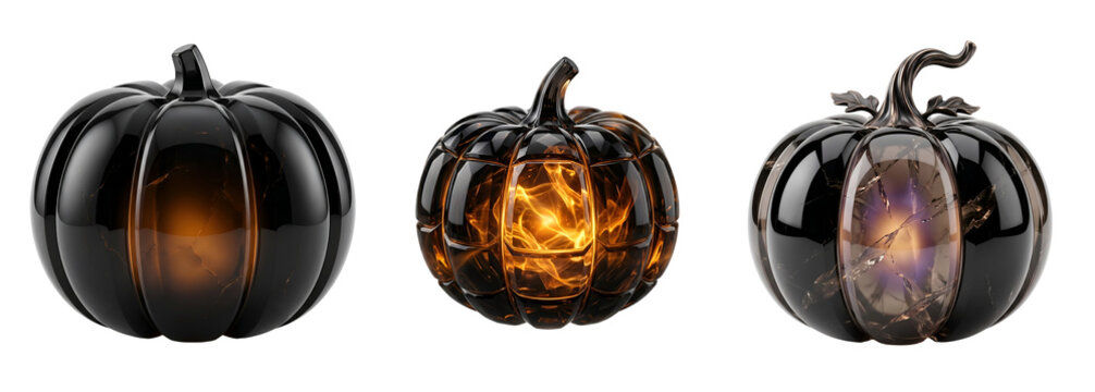 Three black glass pumpkins with different colored lights inside on transparent background