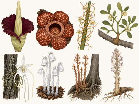 Unusual botanical collection featuring corpse flower, rafflesia, parasitic vines, mistletoe, ghost orchid, Indian pipe, broomrape, and rare forest plant specimens