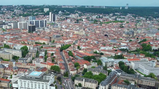 An panoramic  aerial view around the old town of the city Nancy in France on a sunny spring noon