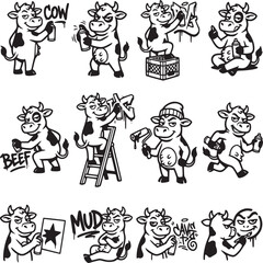 Fototapeta premium Graffiti cow cartoon character set, 12 urban street art cow mascot illustrations, black and white spray paint cow vector icons in EPS format