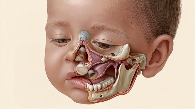 National Cleft & Craniofacial Awareness & Prevention Month: medical illustration of a human infant skull and facial anatomy showing bilateral cleft lip and palate in cross-section